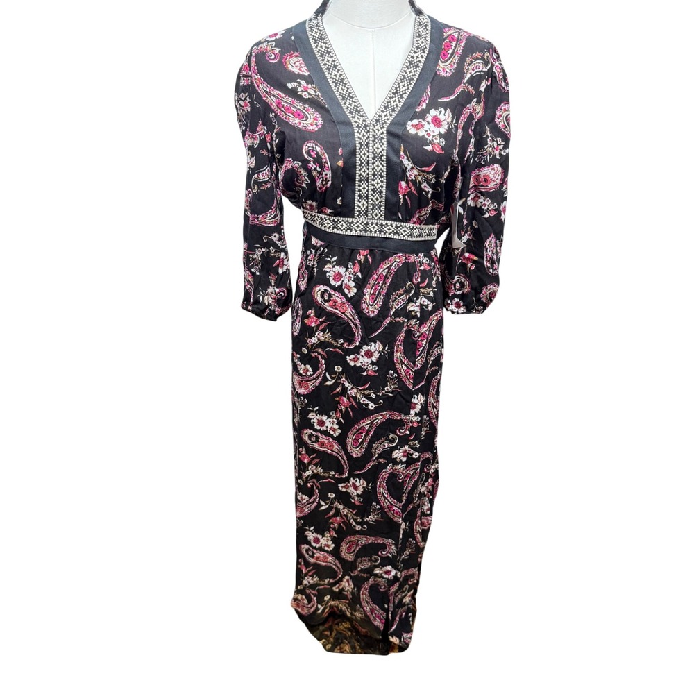 Luna Chix Paisley dress womens small Maxi Bohemian Long Sleeve V‎ Neck Black